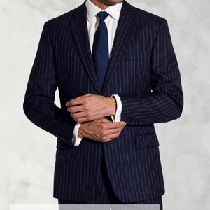 LAUREN Ralph Lauren 100% Wool Suit Jacket Long Black Pinstripe Single Jacket